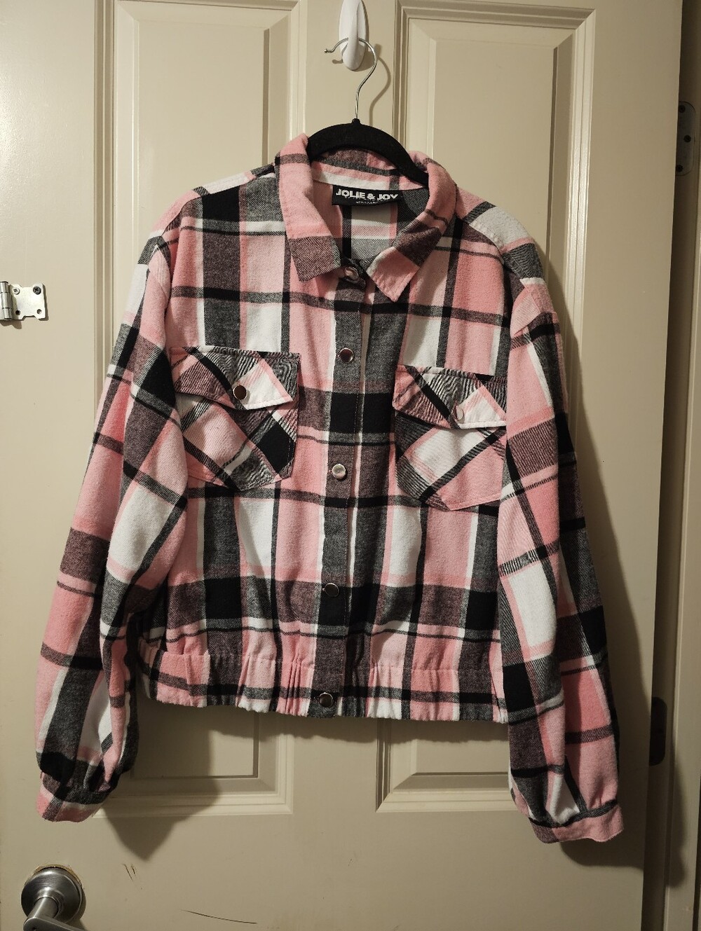 Jolie & Joy Pink Plaid Button-Front Jean Shacket